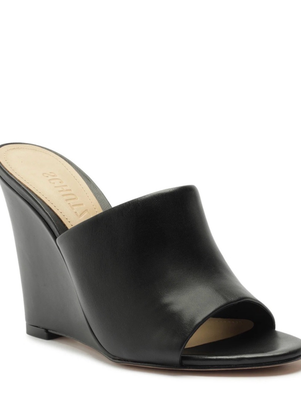 SCHUTZ LUCY CASUAL NAPPA LEATHER SANDAL - Black Leather Open-Toe Wedge Mule